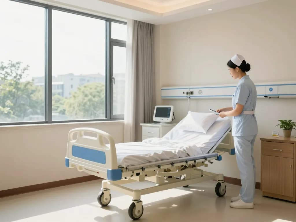 Adjusting giường bệnh nhân in a serene medical environment, ensuring patient comfort and care.