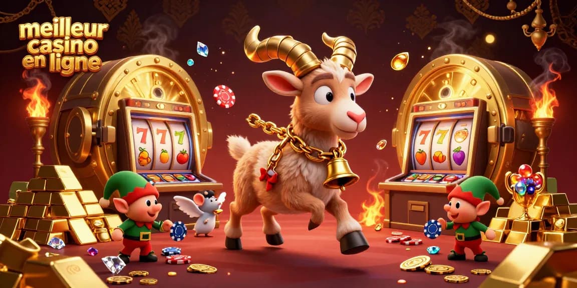 Le meilleur casino en ligne avec un Krampus joyeux et des gremlins qui volent des jetons dans une scène festive.