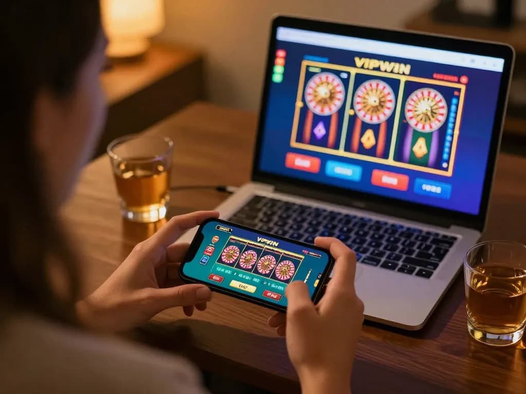 Person enjoying online gaming on VIPWIN app with smartphone in cozy home setting