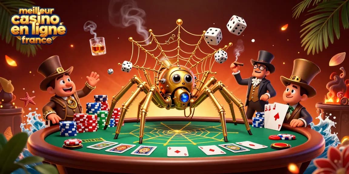 Illustration captivante du meilleur casino en ligne France avec des éléments de poker et des personnages amusants