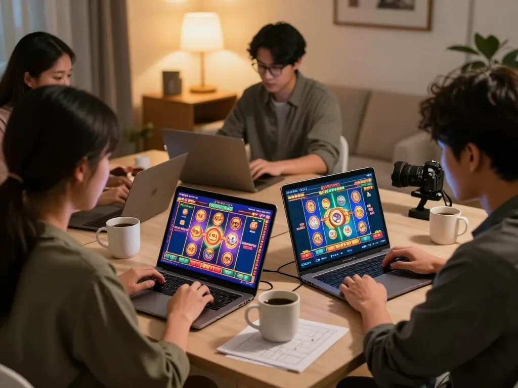 Engaged players enjoying thailand slot games on laptops, cozy home office environment