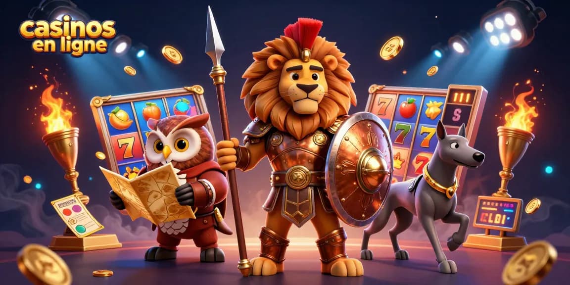 Illustration 3D captivante des casinos en ligne avec un lion guerrier, un hibou stratège, et un lévrier messager, entourés de symboles de machines à sous.