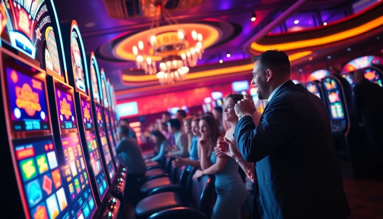 Permainan menyerukan di situs slot777 dengan pemain bersemangat dan mesin slot berwarna-warni.