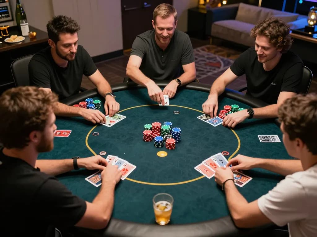 Players enjoy intense poker gameplay at KKWIN, showcasing strategy and excitement in a home environment.