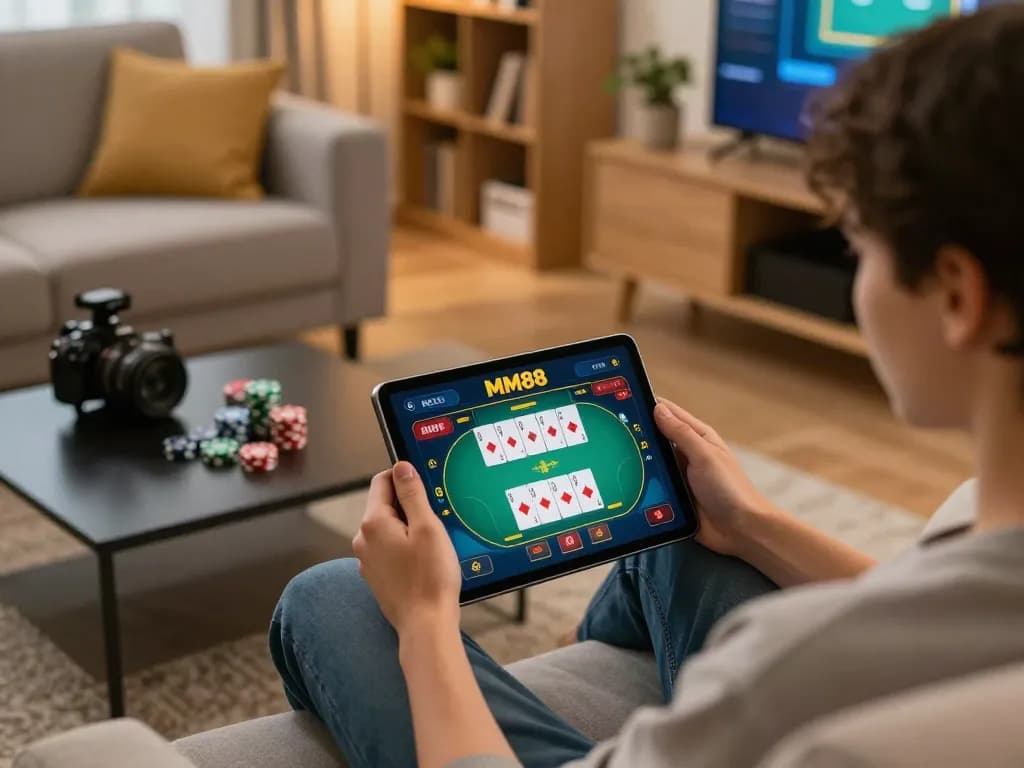 MM88 player engaging with online casino game on tablet, strategic gameplay moment in cozy home setting.