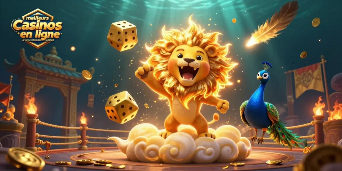 Illustration dynamique présentant les meilleurs casinos en ligne avec retrait immédiat sur un fond polar, avec lion et dés dorés.