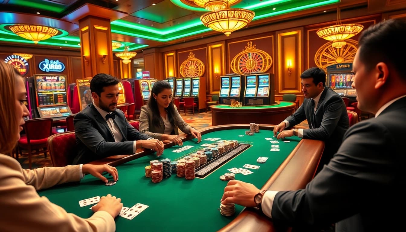Players enjoying an exciting poker game at xin88's luxurious casino, surrounded by vibrant casino visuals.