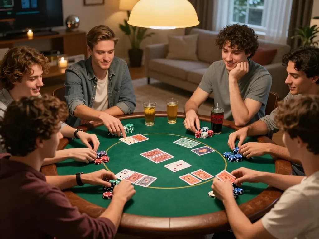 Friends enjoying a vibrant poker night with snacks and drinks while using สล็อตวอเลท for betting.