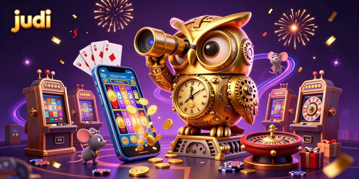 Engage with judi through a vibrant casino scene showcasing a golden owl and playful mice amidst dynamic slot game elements.