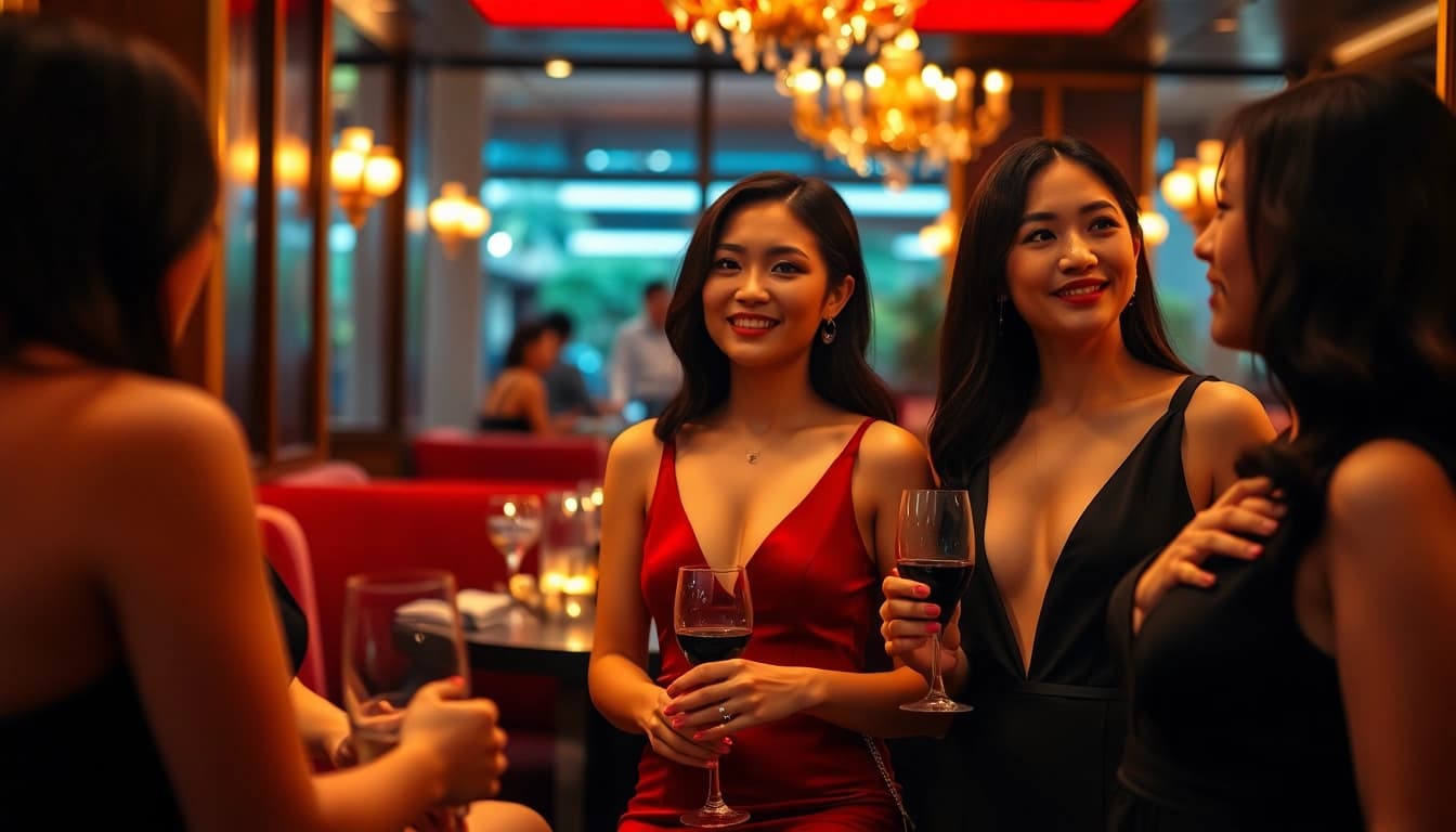 High-class Singapore escort services featuring elegant models in a luxurious lounge setting.