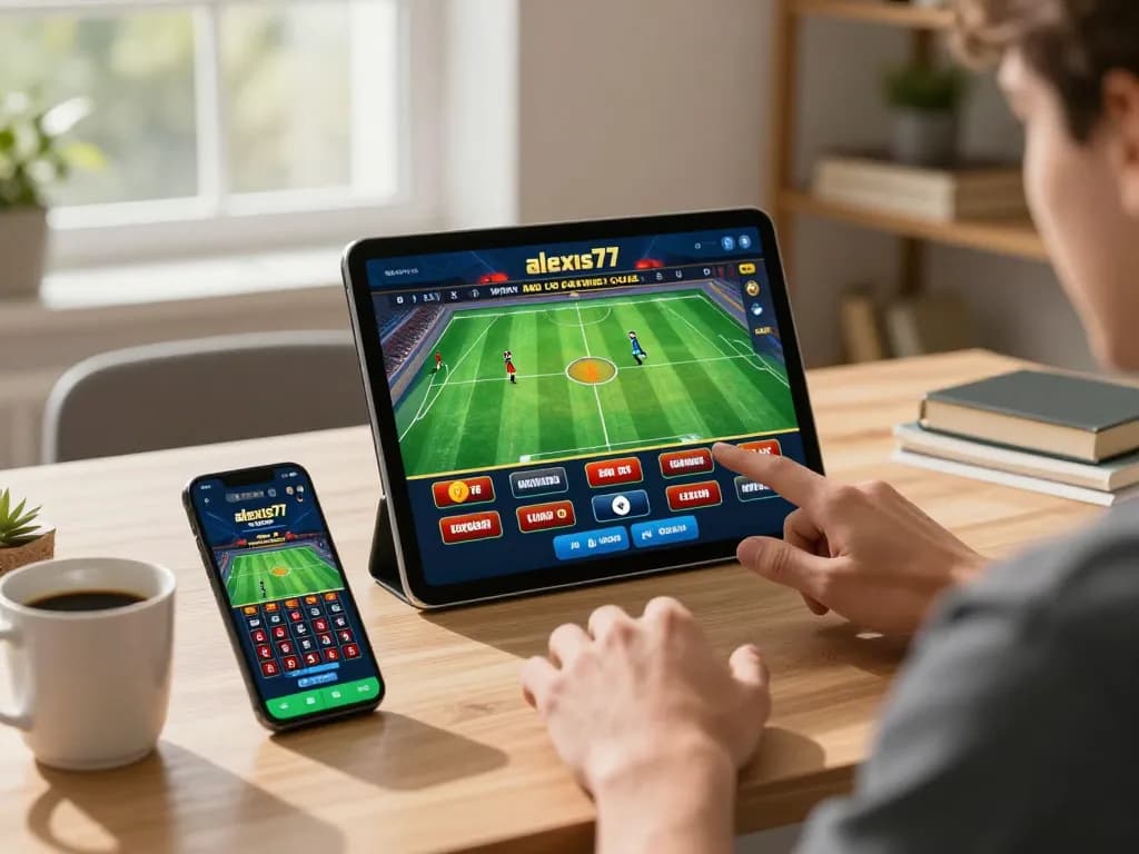 Player engaging with the alexis77 mobile app to place sports bets in a modern home office.