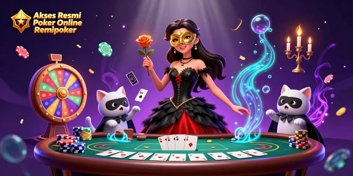 Akses Resmi Poker Online Remipoker showcases a vibrant scene of poker excitement with delightful playing cards and dynamic chips.