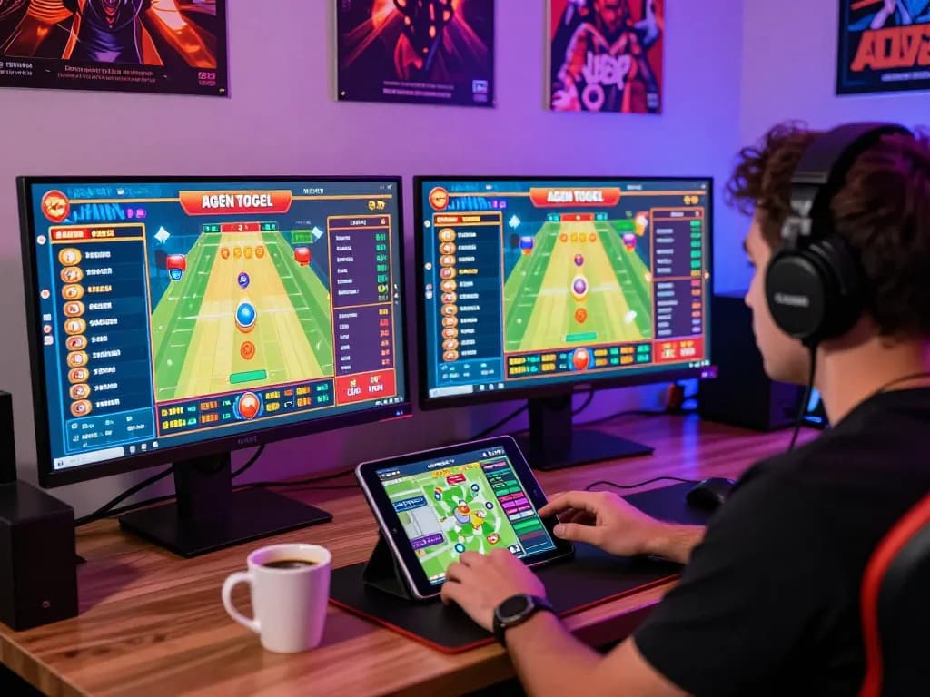 Dive into Agen Togel with an exciting live gaming scene showcasing an online player focused on screen graphics in a modern gaming room.