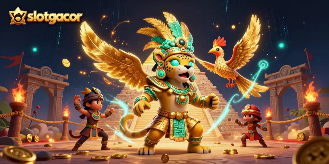 Engage with slotgacor through a dazzling 3D illustration showcasing a Mayan priest and quetzal bird amid golden elements.