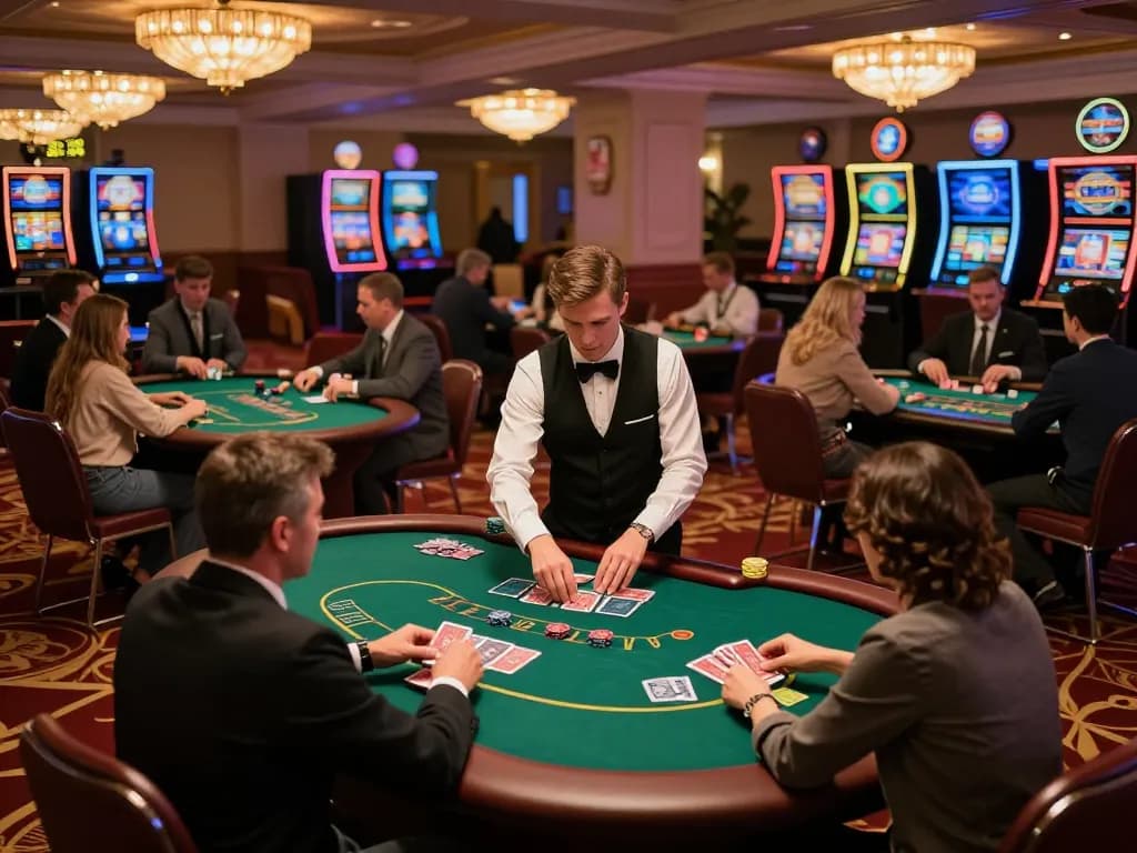Strategic gameplay on the casino floor at the Trang chủ 79king with players engaged at poker tables, warm luxurious ambiance