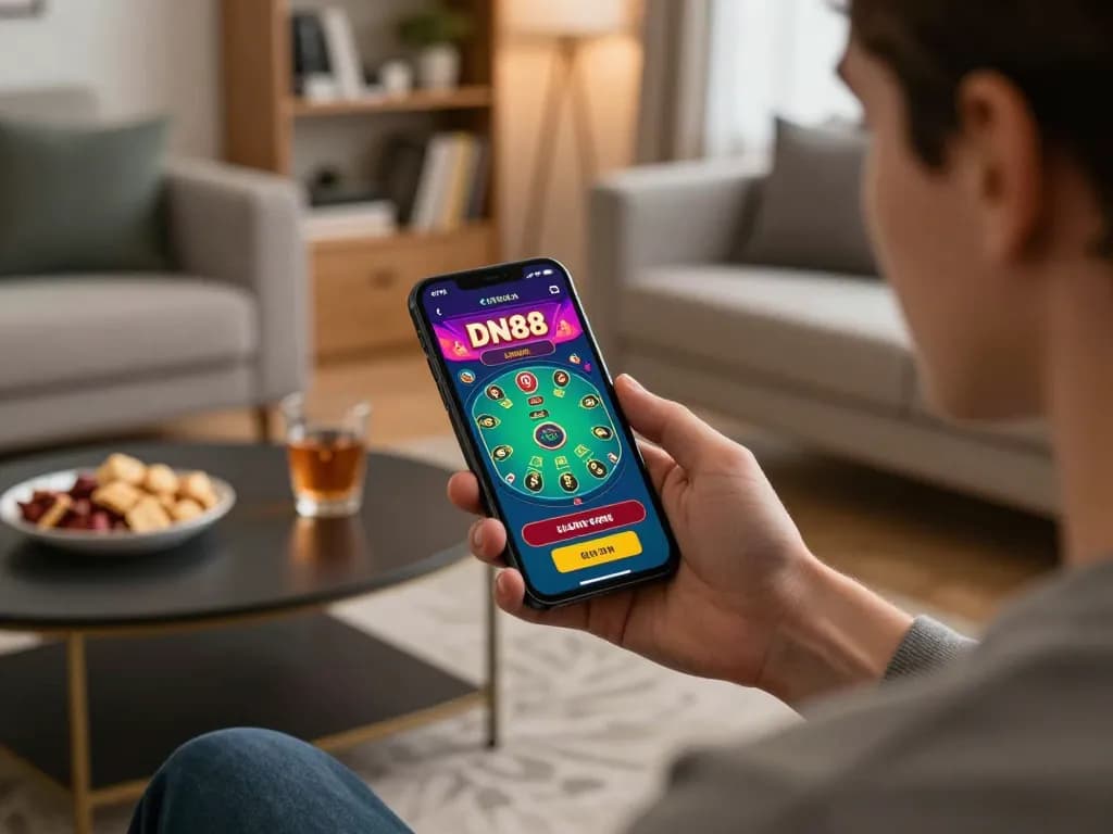 Engaging scene of a player logging in to the DN88 app for online gambling, highlighting a cozy home setting.