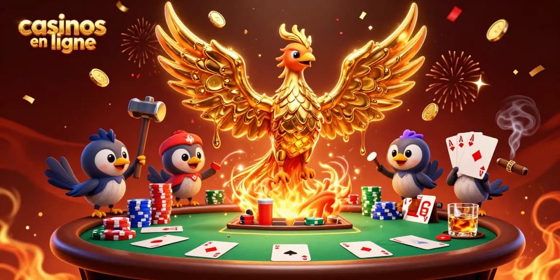 Jouer dans des casinos en ligne avec une illustration colorée d'un phénix doré et des éléments de jeu.
