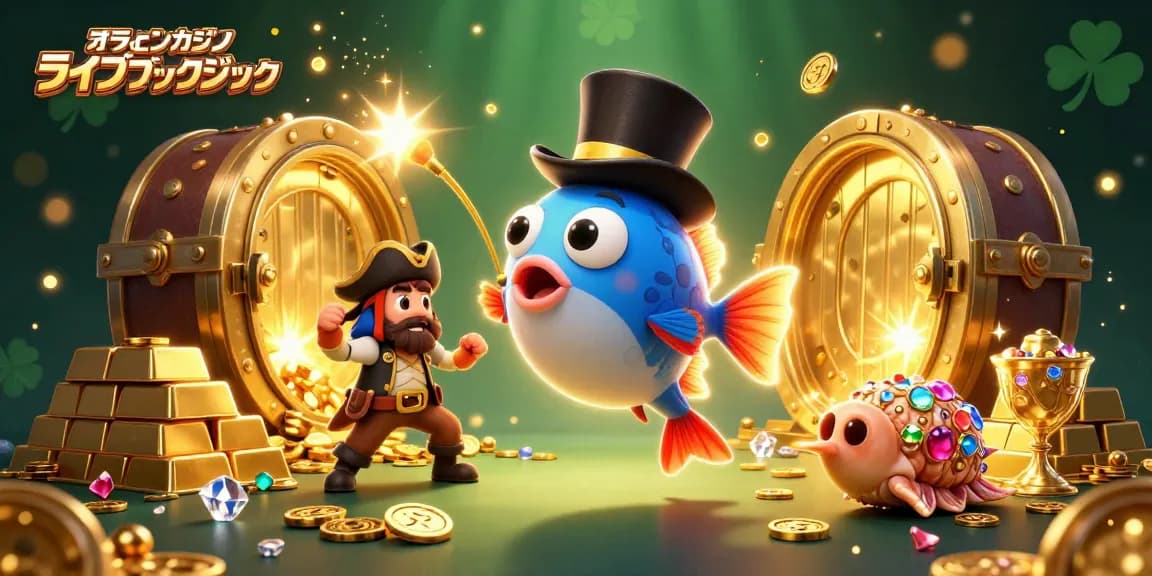 オンラインカジノ ライブブラックジャックで輝く金貨を惹きつける深海アンコウのイラスト