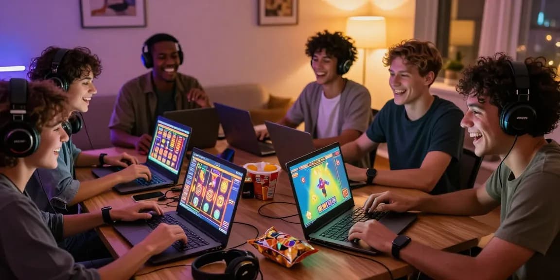 Casual gaming with friends playing slot depo 5k online, showcasing diverse players and engaging atmosphere.