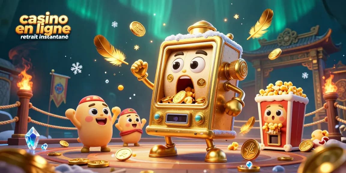 Retrouvez un casino en ligne retrait instantané où une machine à sous en or fait un jackpot entouré de pièces d'or.