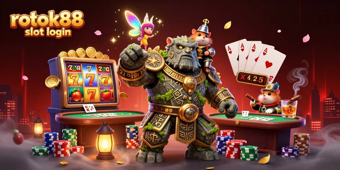 Experience excitement with rokok88 slot login as a dynamic scene filled with colorful gambling elements.