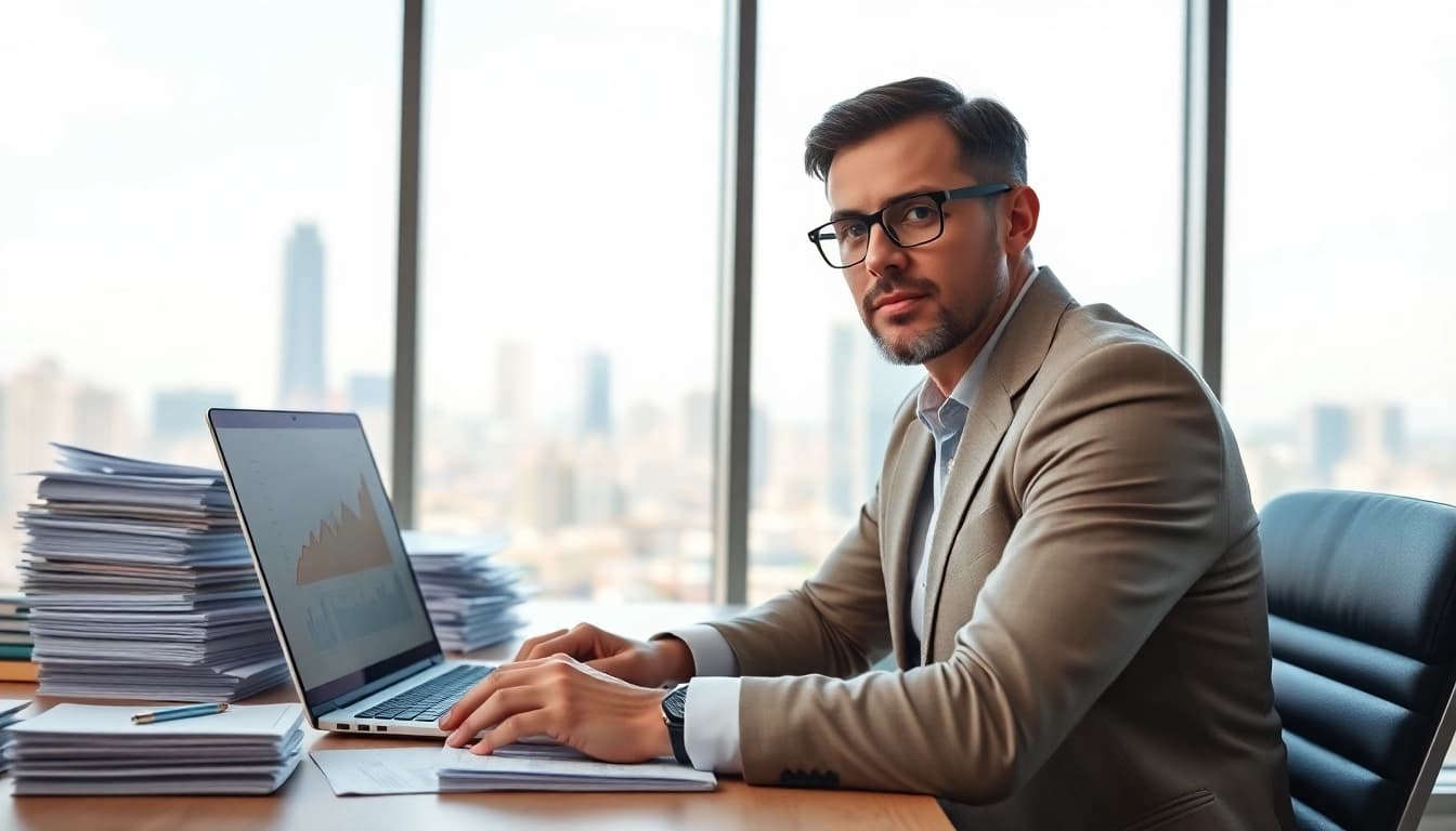 Analyze financial trends with https://m.check-rates.com on a laptop in an office setting.
