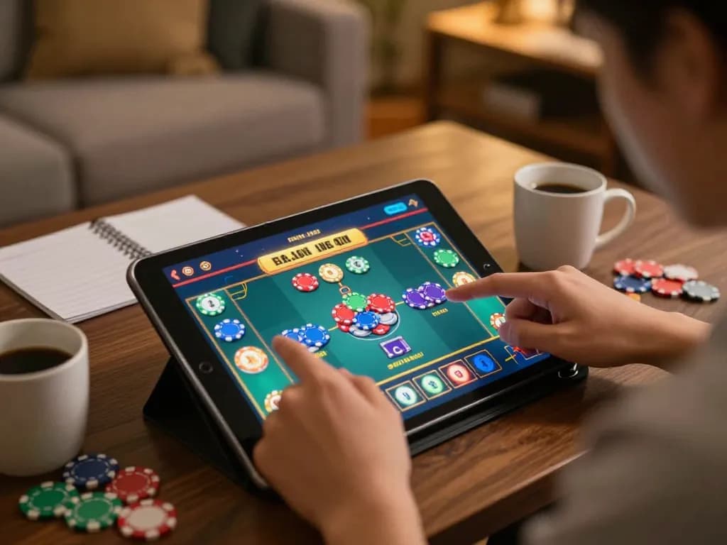 Engaging in Game xóc đĩa đổi thưởng NET88 at a home gaming setup with colorful chips and tablet display