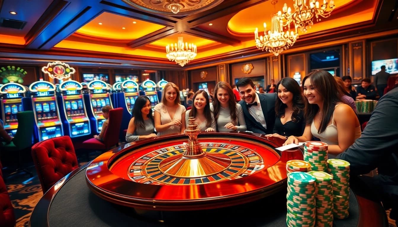 Scène captivante au meilleur casino en ligne mettant en avant une élégante roulette et une action poker.