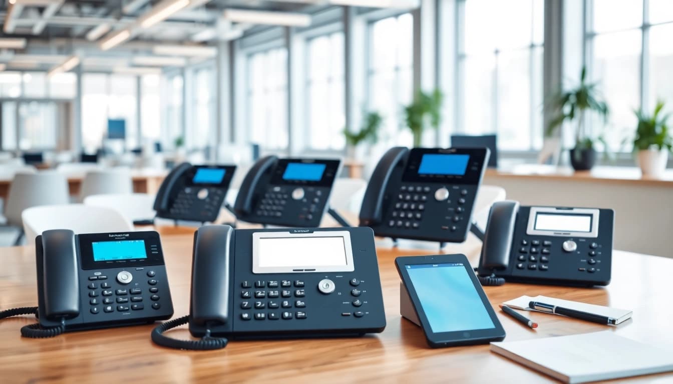 Showcase modern office phone systems arranged neatly on a desk in a vibrant workspace.