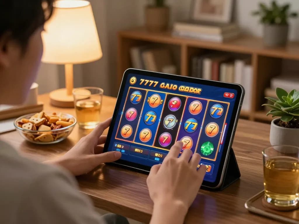 Engaging gameplay on slot777 gacor displayed on tablet in a cozy home setting