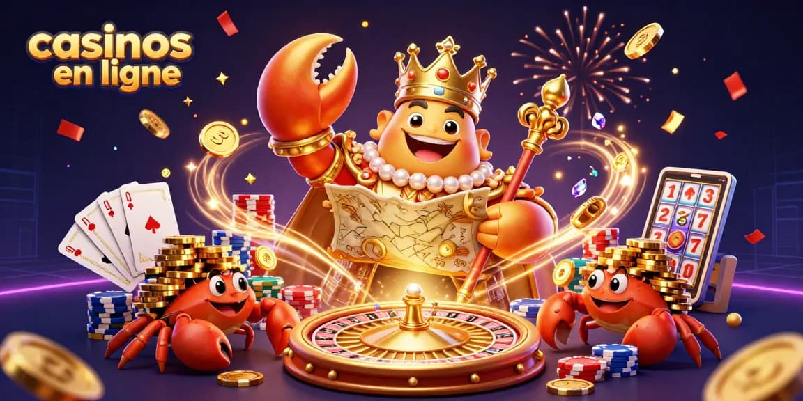 Jouez dans des casinos en ligne captivants avec l'empereur crabe en or entouré de trésors.