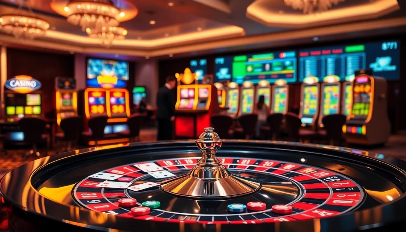 Scène engageante d'une table de roulette vibrante et de machines à sous au meilleur casino en ligne.