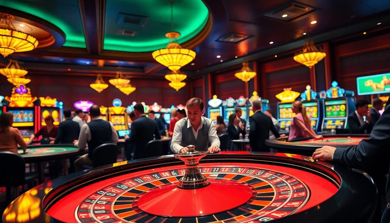 Casino spielen an einem Roulette-Tisch mit Spielern und bunten Chips im Vordergrund.