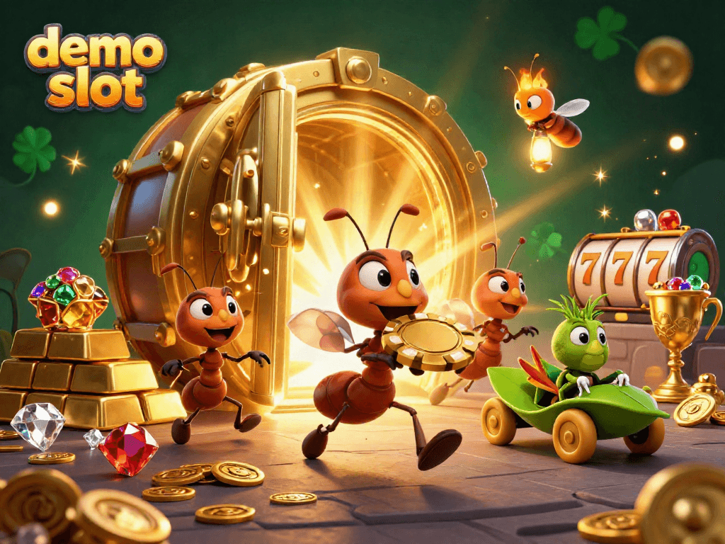 Experience thrilling plays with demo slot featuring animated ants and treasure in a lavish casino scene.