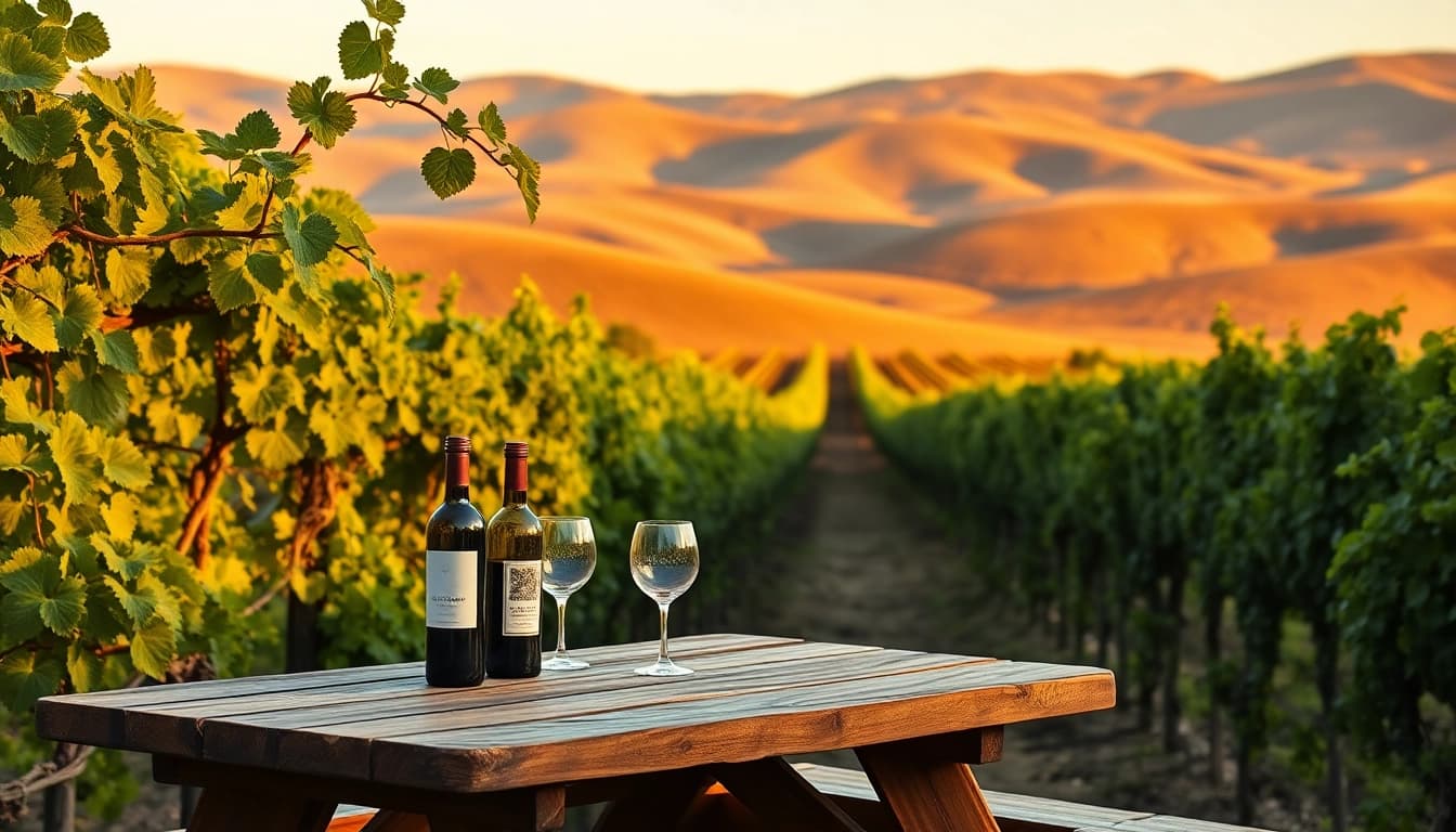 Wine tasting at the best wineries in California with sunset vineyards and romantic atmosphere.