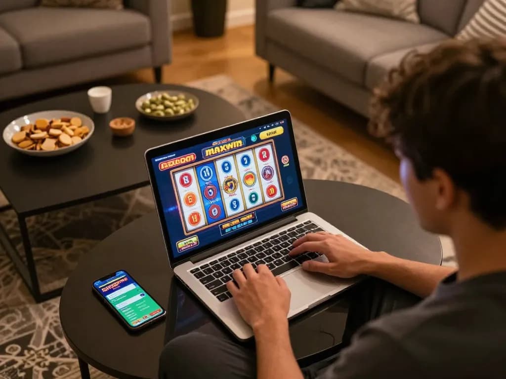 Engaging online gaming experience with slot gacor maxwin reels spinning on a laptop.