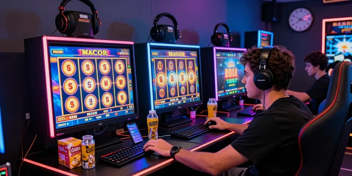 Player enjoying a thrilling online gaming session with slot gacor machines at a stylish setup, vibrant atmosphere.