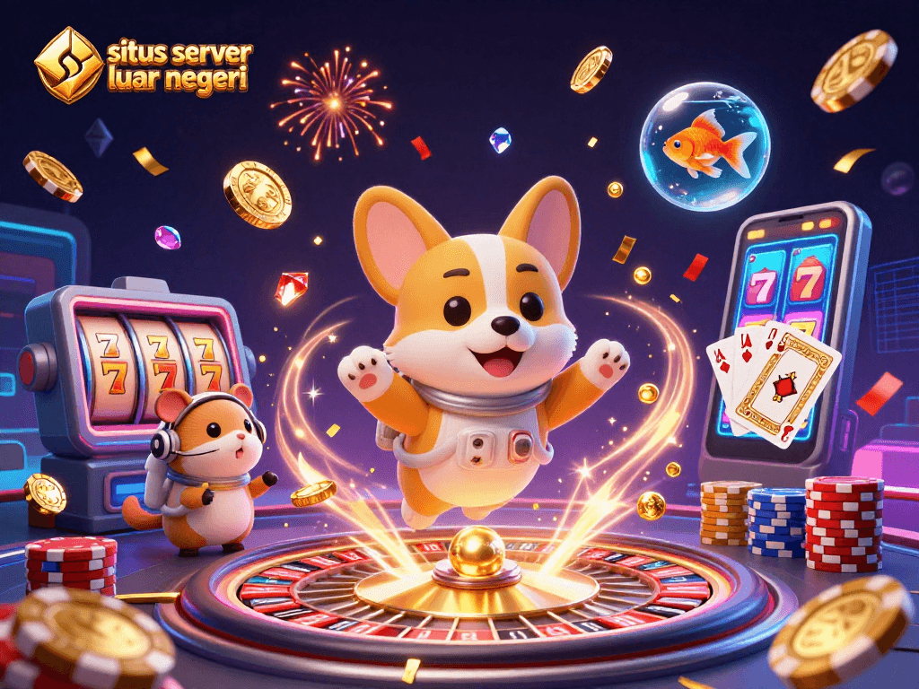 Experience the excitement of situs server luar negeri with playful characters in a vibrant casino scene.