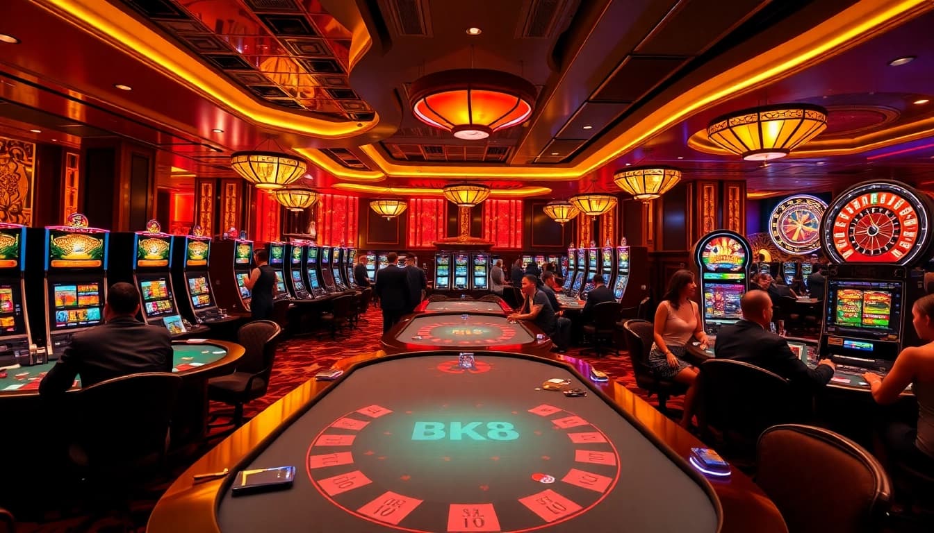 Exciting BK8 players engaging at a luxurious casino table surrounded by vibrant slot machines.