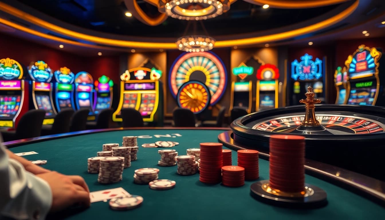 Experience thrill at a lavish casino table with diverse games like pg soft slots and poker.