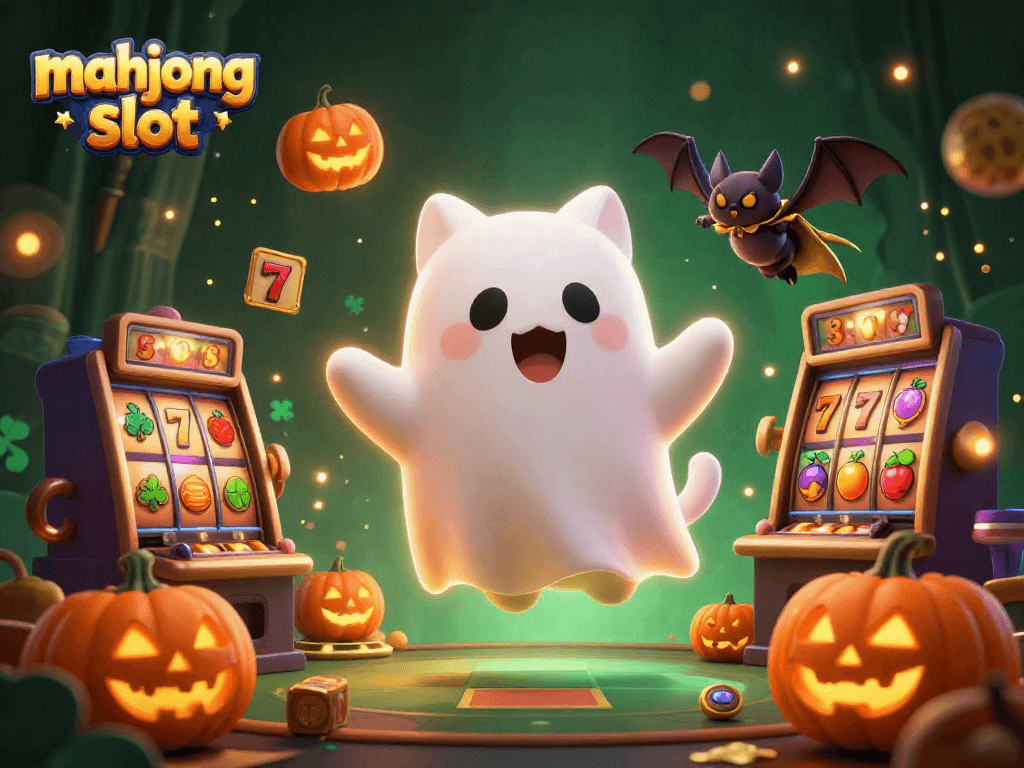 Menangkan mahjong slot dengan taruhan tinggi di kasino, bersama kucing hantu dan simbol beruntung.