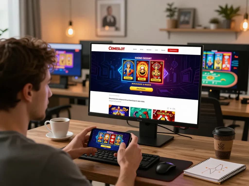 CEMESLOT player engaging in mobile betting with casino games on smartphone, showcasing strategic gambling environment.