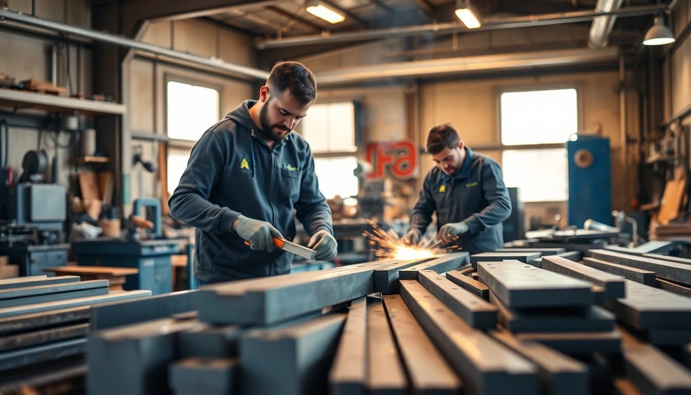 Crafting custom metal fabrication in a vibrant workshop with skilled artisans.