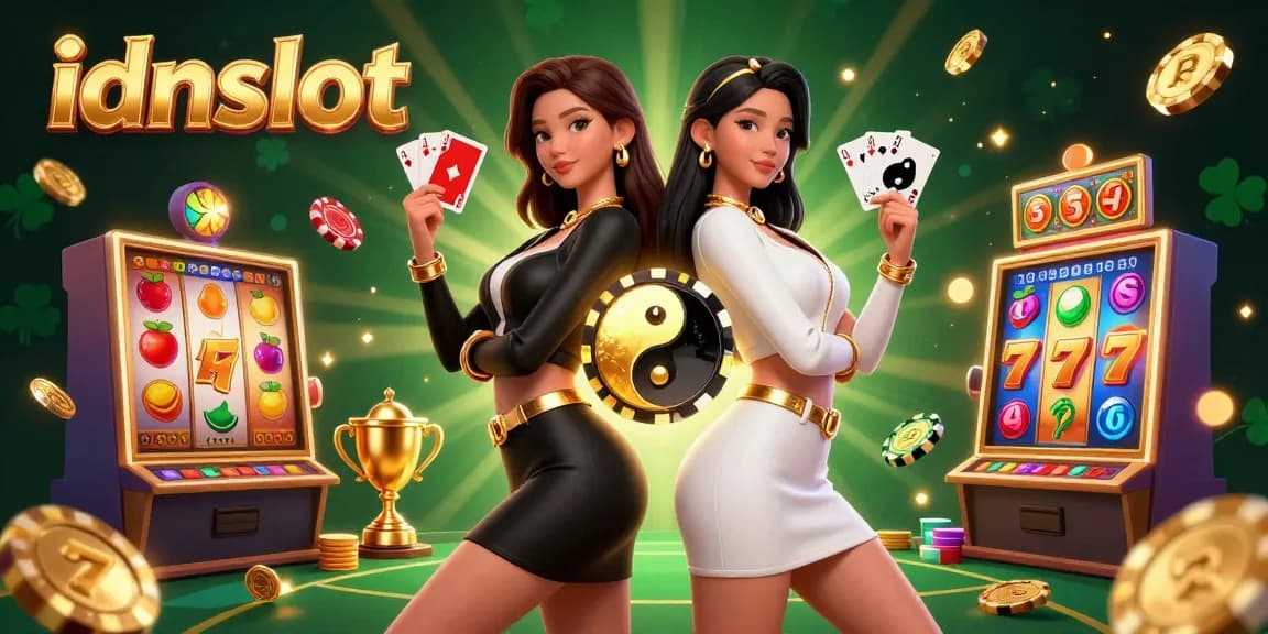 Experience the excitement of idnslot with twin themed characters, vibrant slot elements, and golden accessories.