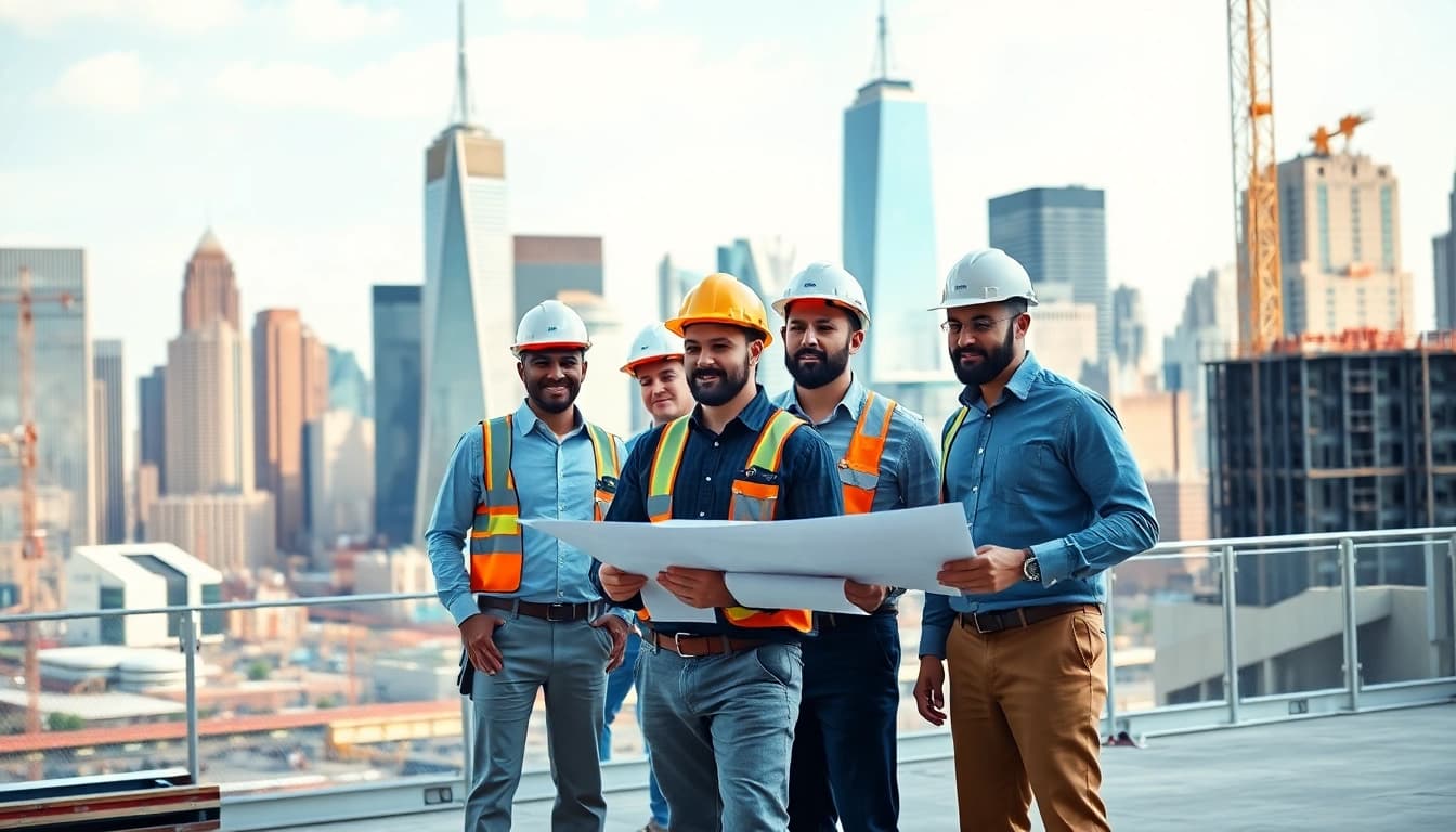 Manhattan General Contractor's team collaborating on a construction project with skyline backdrop.