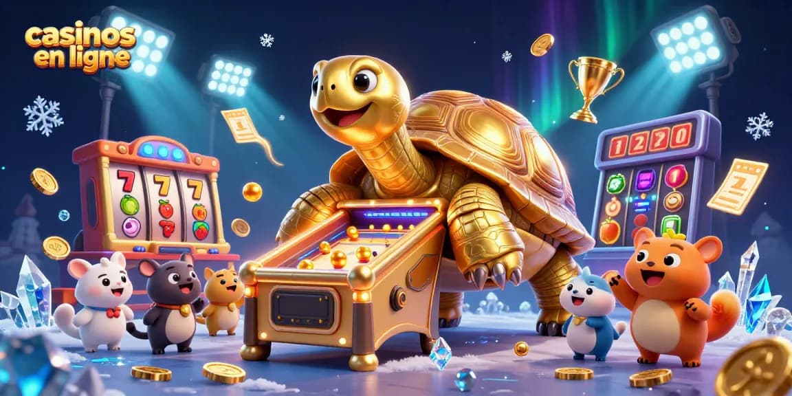 Jouez aux casinos en ligne avec une tortue géante exceptionnelle et des symboles de machine à sous qui brillent.