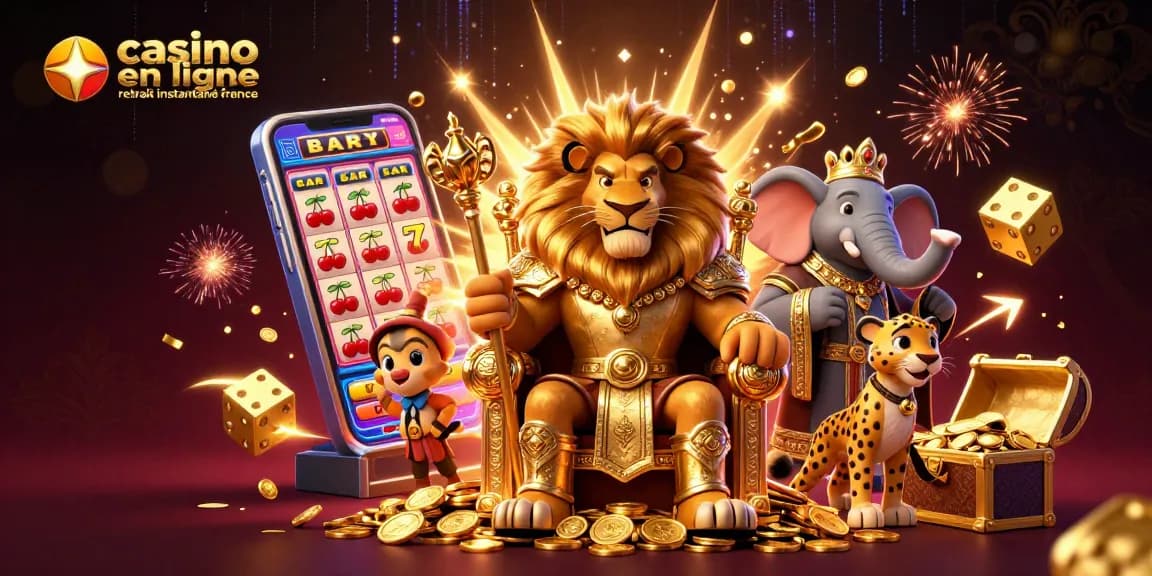 Jouer au casino en ligne retrait instantané France avec un roi lion, un éléphant sage et un guépard messager entourés de machines à sous.