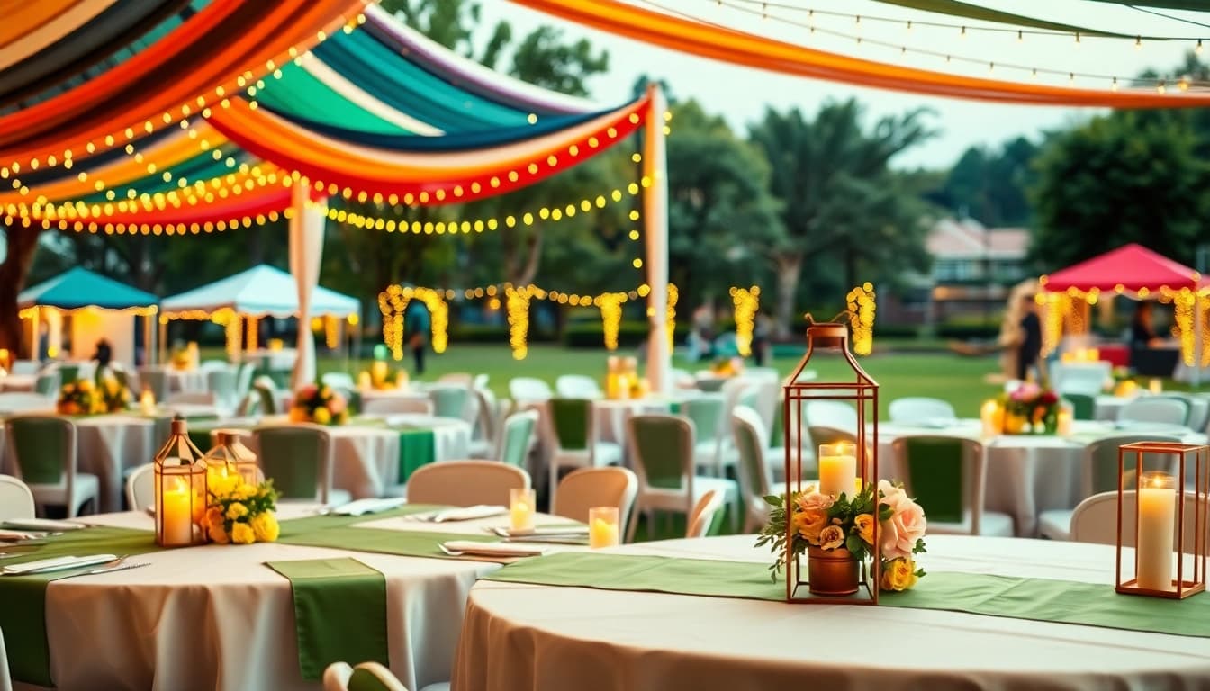Elegant outdoor Event Rentals setup with vibrant centerpieces and warm lighting for celebrations.