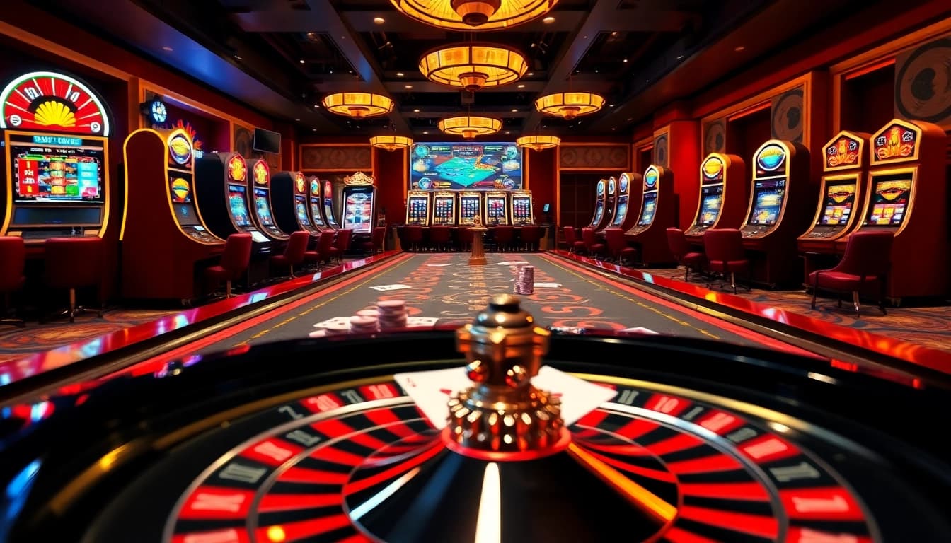 Experience excitement with đăng ký qq88 at a vibrant casino table filled with poker chips and colorful slot machines.