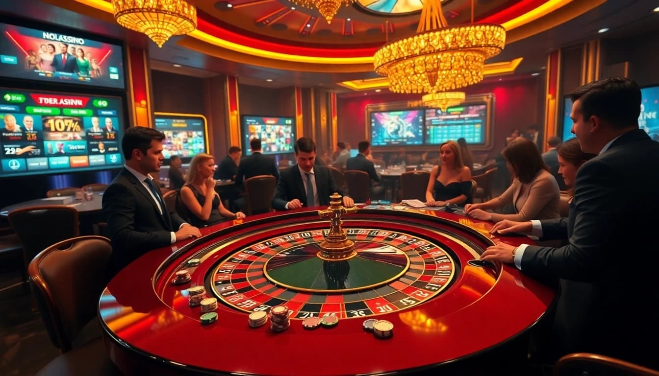 Vivez l'excitation au meilleur casino en ligne, mettant en vedette des joueurs élégants, des éléments de roulette et de poker.